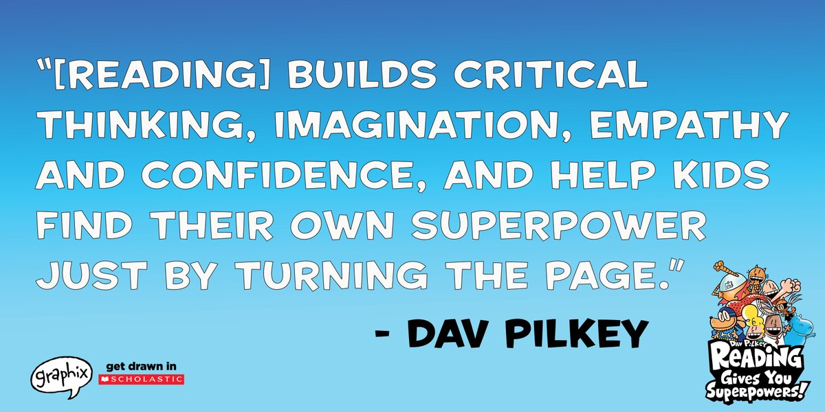 GraphixBooks's tweet photo. Reading helps kids "find their own superpower just by turning the page." – Dav Pilkey
Can you believe today is the last day of Reading Gives You Superpower Week? Learn more about this SUPA week at https://t.co/Au2Mde6XMR #ReadPilkey https://t.co/X2nx5y7PQL