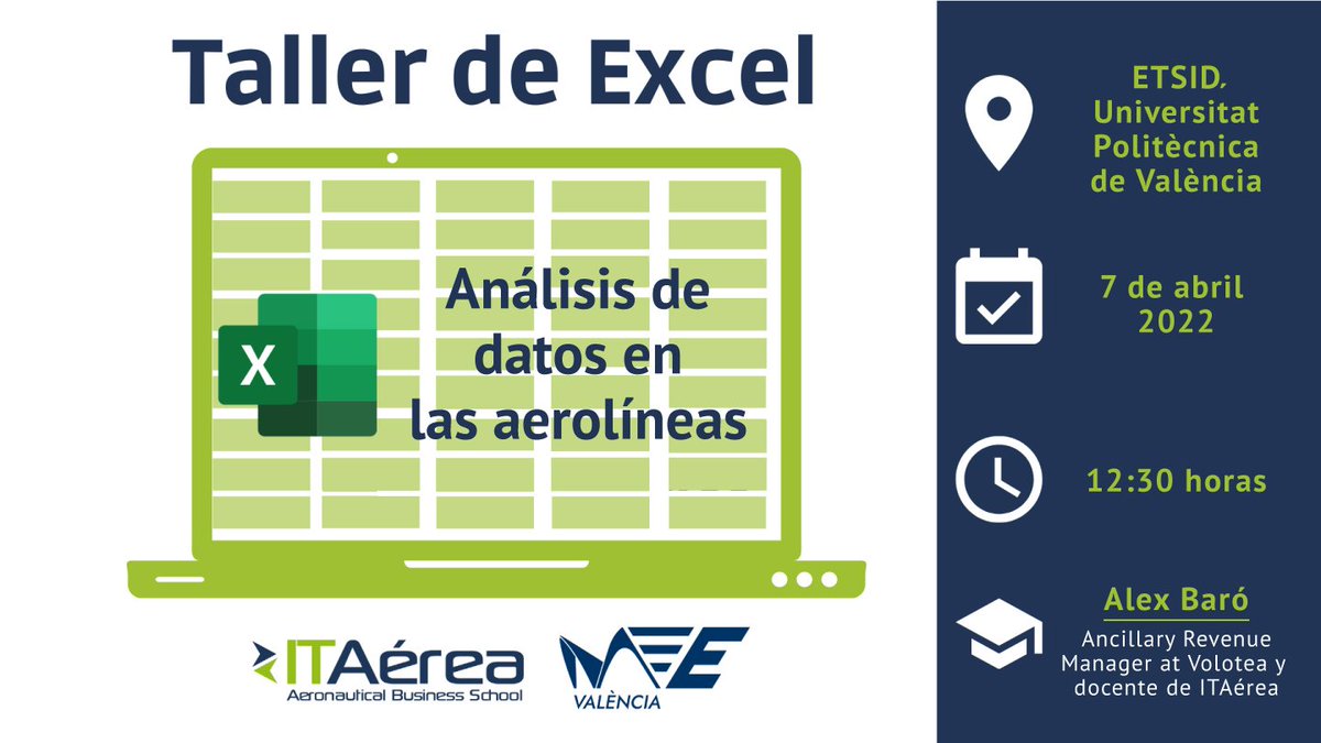 ¿Os gustaría saber cómo se analizan datos en las aerolíneas? Asistid al taller de Excel de @itaerea_Aero el 7 de abril donde aprenderéis a analizar datos de tráfico de pasajeros y vuelos, de la mano de Alex Baró. Al terminar hablaremos sobre orientación laboral en aerolíneas.