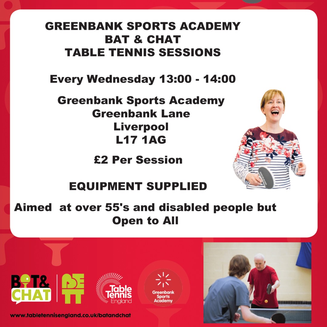 GreenbankColl's tweet image. @GreenbankSports have announced their bat and chat sessions, which will take place every Wednesday from 13:00-14:00. Made possible with a Level the Table Grant from @TableTennisENG these sessions are aimed towards over 55’s but all are welcome #levelthetable #tabletennis