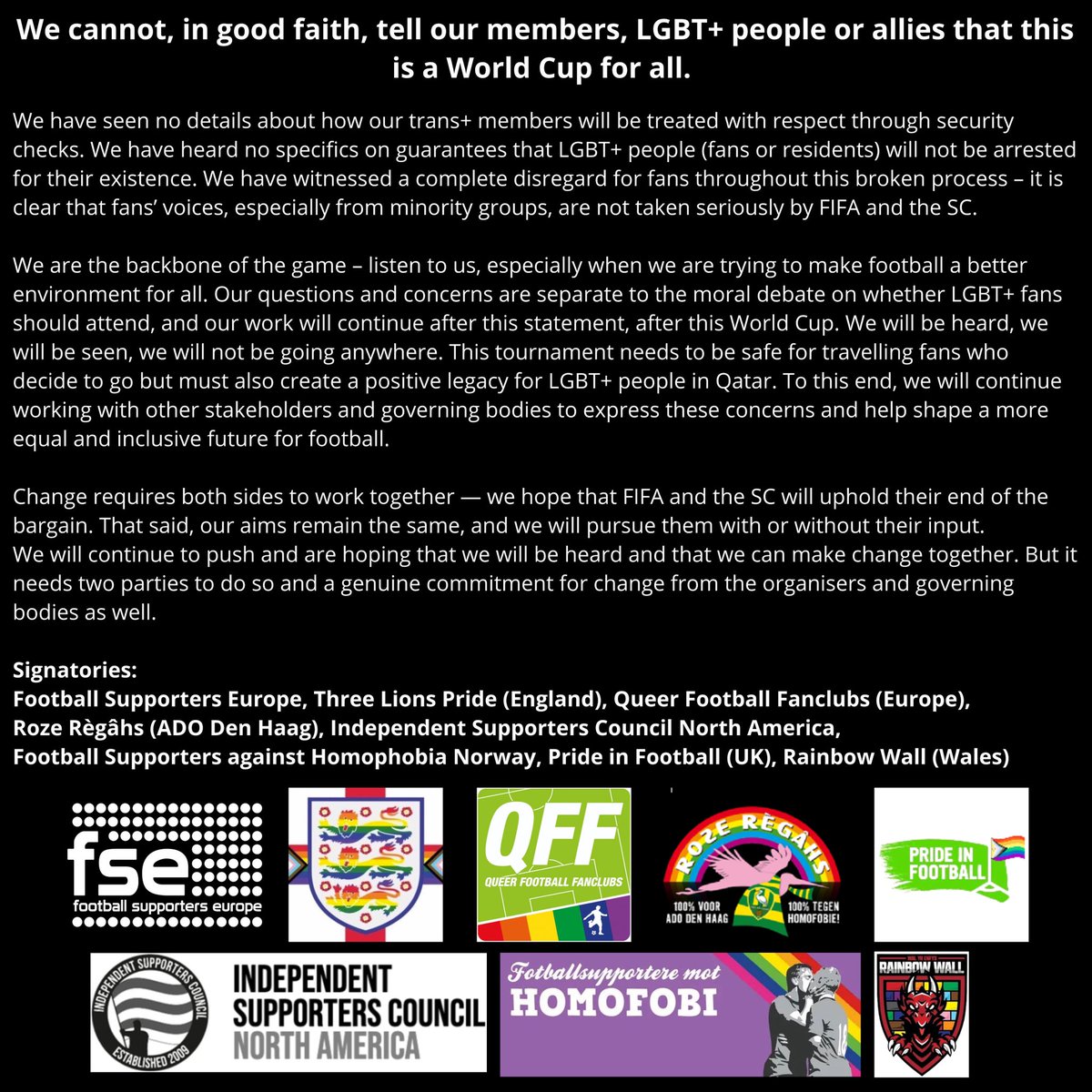 🗣 “We cannot, in good faith, tell our members, LGBT+ people, or allies that this is a #WorldCup for all.”

🏳️‍🌈 Fans’ groups from Europe &amp; North America are disappointed at the lack of engagement from FIFA &amp; Qatar on the safety of LGBT+ fans at the 2022 World Cup. 

⤵️ Read more.