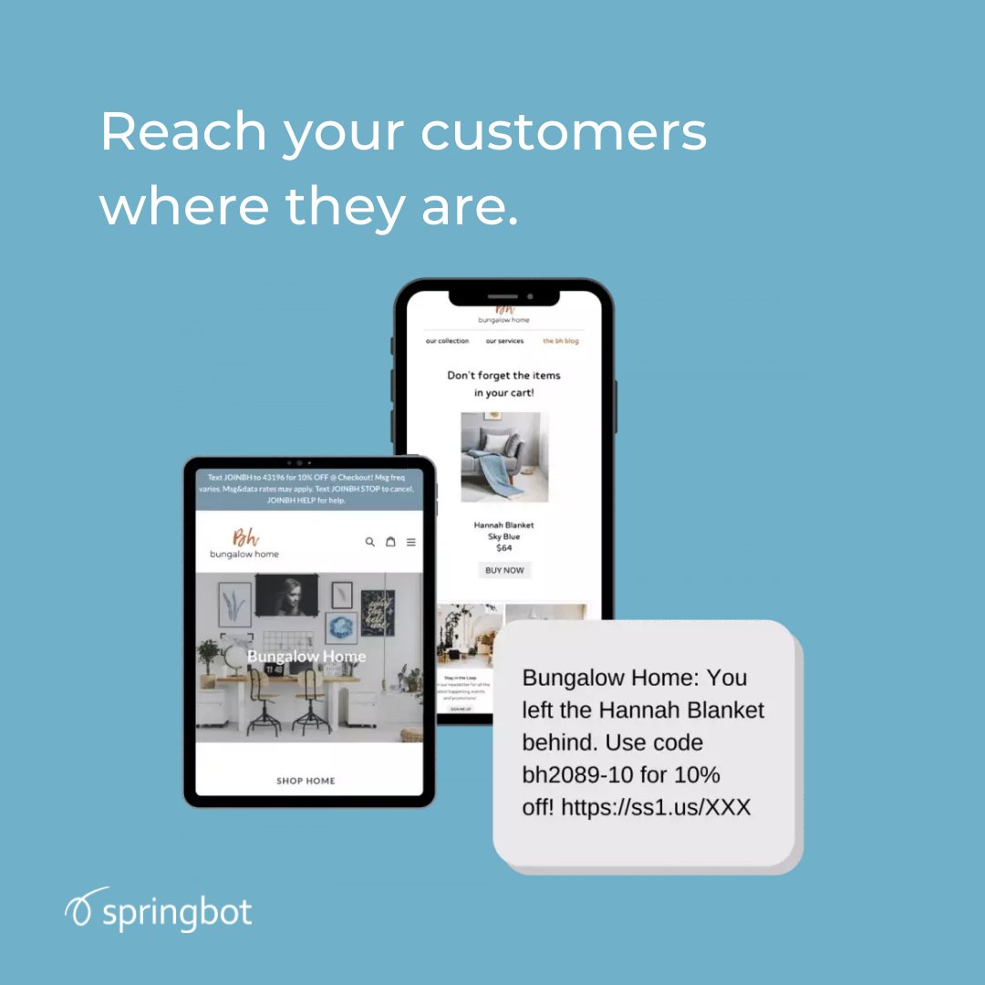 springbot's tweet image. SMS marketing lets you engage your contacts where they are. With average open rates around 98% and click-through rates around 19%, SMS can help you drive sales and engagement. Ready to add SMS to your eCommerce marketing mix? Ask us how.
#SMS #eCommerce