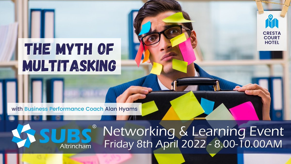 We are conditioned to believe that clever, successful people multitask. Yet research shows that multitasking actually slows you down.

How do we become more efficient?

Join us at <a href="/SUBSAltrincham/">SUBS Altrincham</a> with <a href="/alanhyams/">Alan Hyams</a> to know how!

Register via Eventbrite: eventbrite.co.uk/e/291208090237