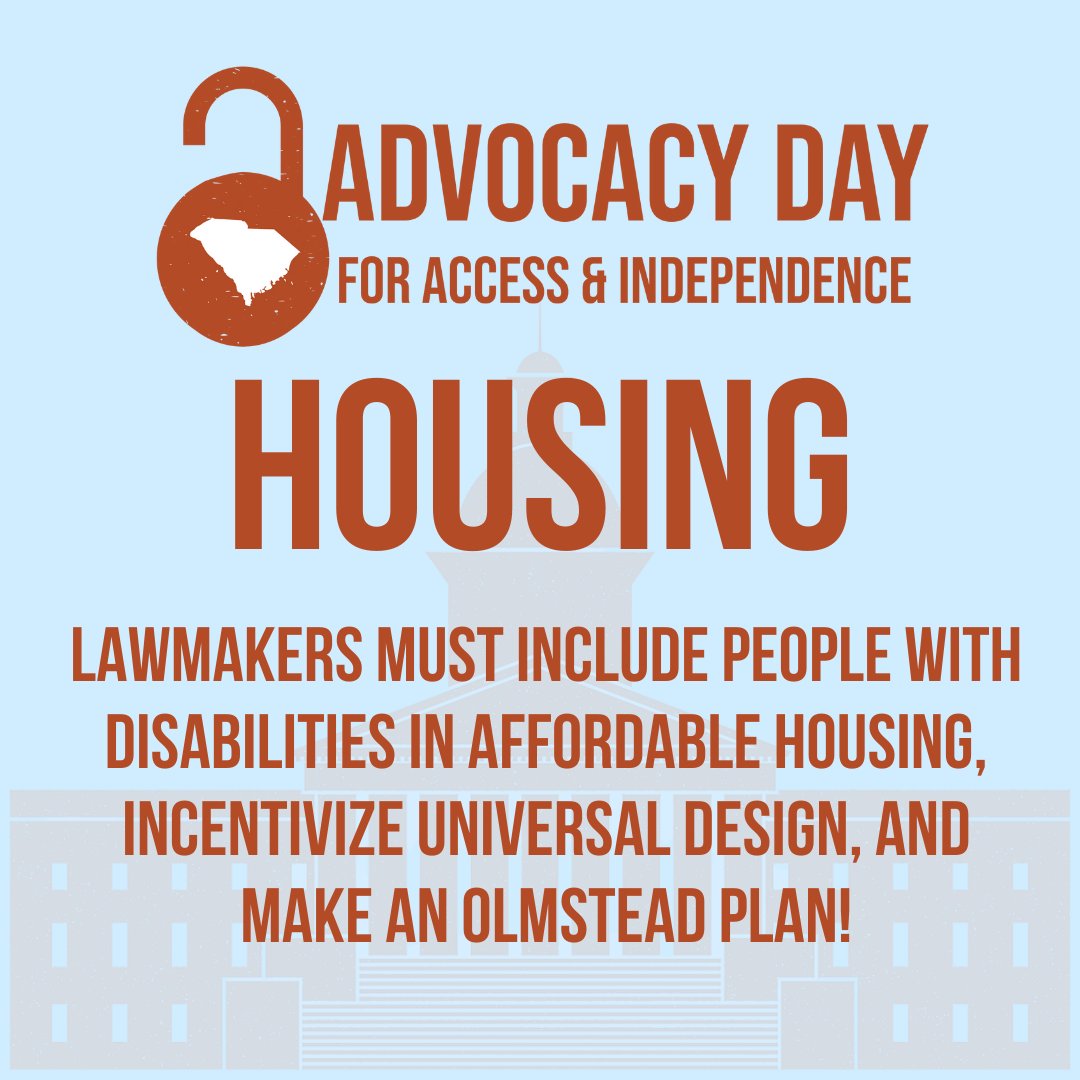 Able_SC's tweet photo. SC Lawmakers must include people with disabilities in affordable housing, incentivize universal design, and make an Olmstead plan!
We can take action by writing to our reps: https://t.co/eSL94iLqoT. 
Join us: https://t.co/zd48PW5Kn2

#BarrierFreeSC #UnlockingBarriers #Disability https://t.co/DXj59UCO8B
