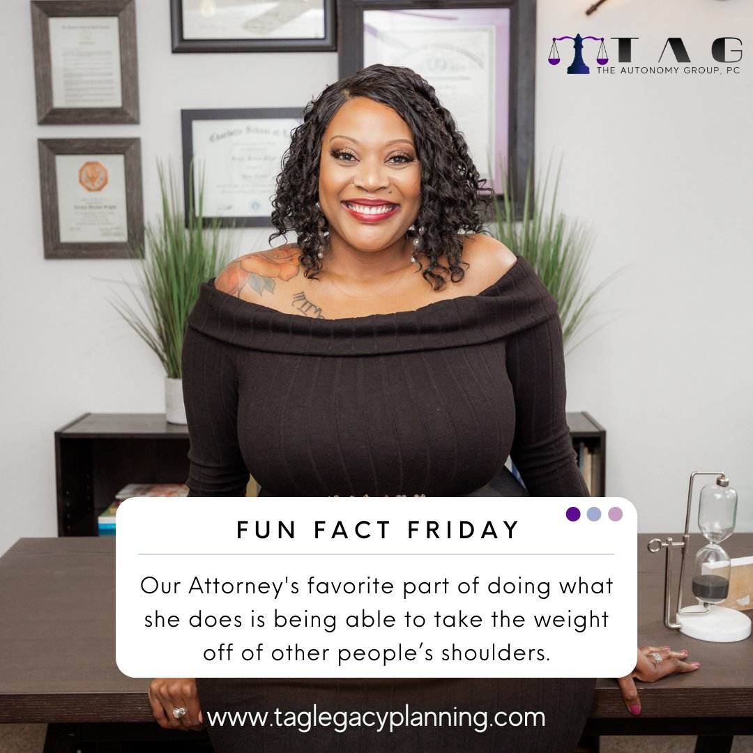 TheAutonomyGrp's tweet photo. Today is #FunFact #Friday and Did you know...? 

Our Attorney's favorite part of doing what she does is being able to bring a piece of mind to people and help them navigate something so complicated for them, and make it a smooth process.

#TheAutonomyGroup #lawyer #law #attorney https://t.co/Zi8qCBXPvj