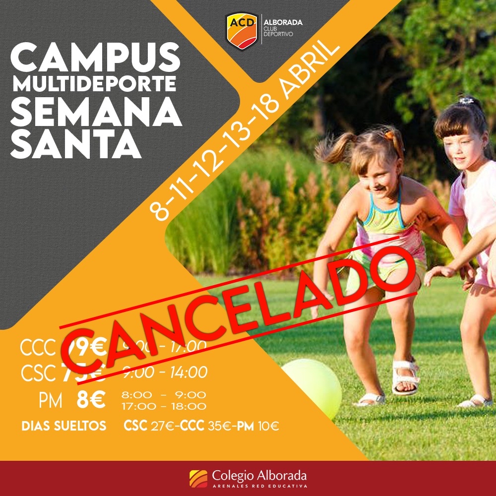 Estimadas familias anunciamos que se suspende el campus de semana Santa por no llegar al cupo / asistencia de asistentes para poder llevarlo a cabo. Muchas gracias por su comprensión, les esperamos en el campamento de verano