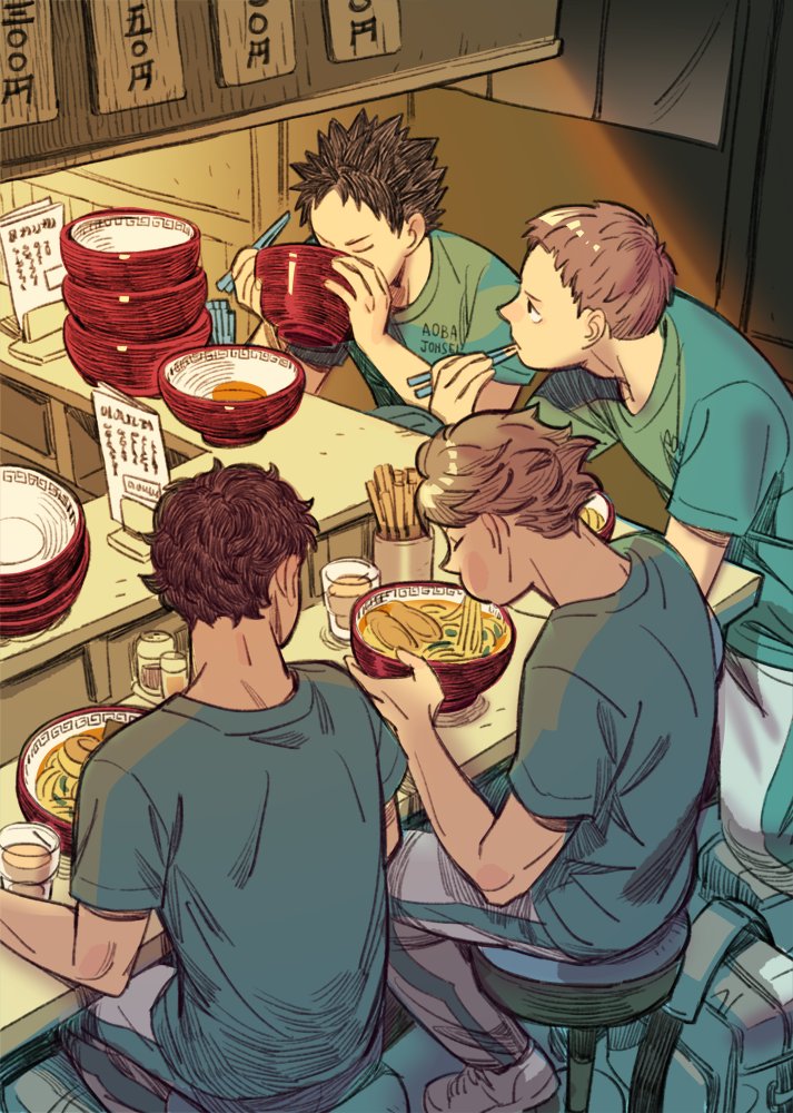 noodles multiple boys eating chopsticks food sitting ramen  illustration images