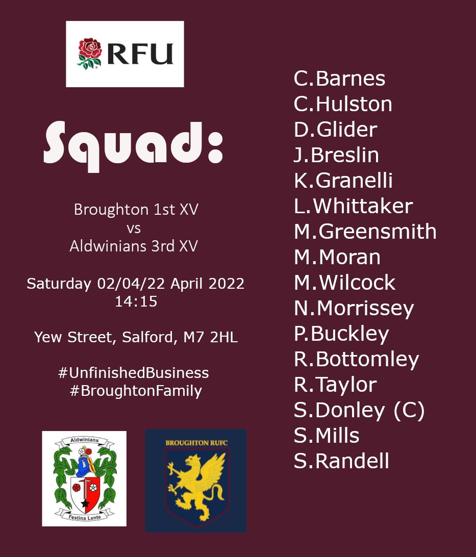 Squad Announcement 🏉

Top of the table clash this weekend with our friends from <a href="/aldwinians_rufc/">Aldwinians RUFC</a>, this is definitely not one to miss!!

Broughton 1st XV vs Aldwinians 3rd XV
Yew Street, Salford, M7 2HL
14:15

Let's get down and support the boys!

#UnfinishedBusiness