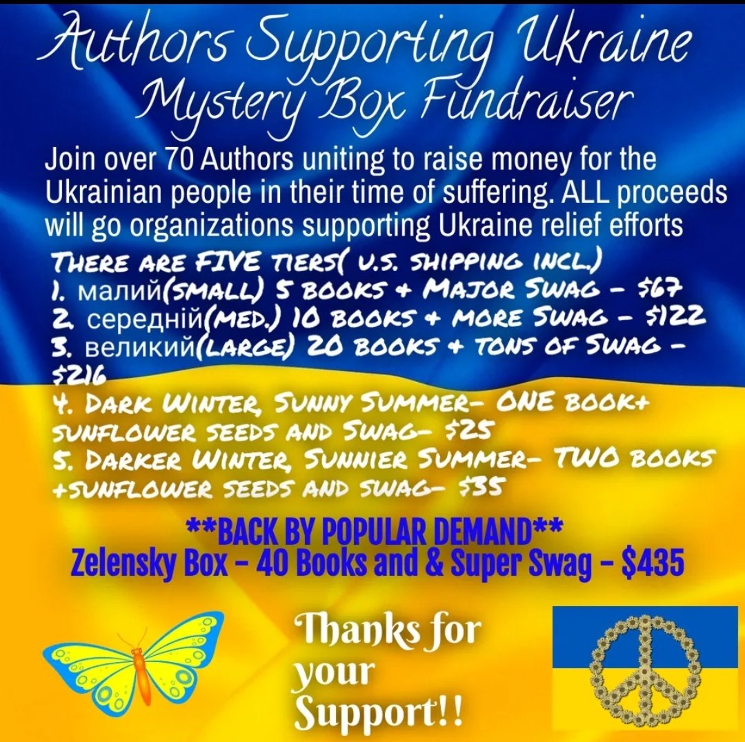 Over 70 other romance authors to do Ukraine Romance Mystery Book Box Fundraiser. 100% of the proceeds to the Ukraine Relief. Boxes are going fast, so don’t delay. To see a list of participating authors and to place your order, go to: tinyurl.com/UkraineBookBox…