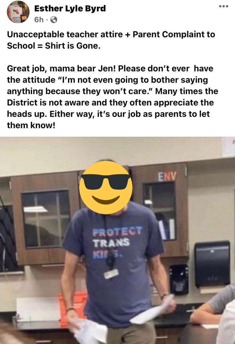 That was fast. The new Florida Board of Education appointee praises a parent for reporting a teacher’s Protect Trans Kids shirt as “unacceptable attire.” This took place yesterday on #TransDayOfVisibility