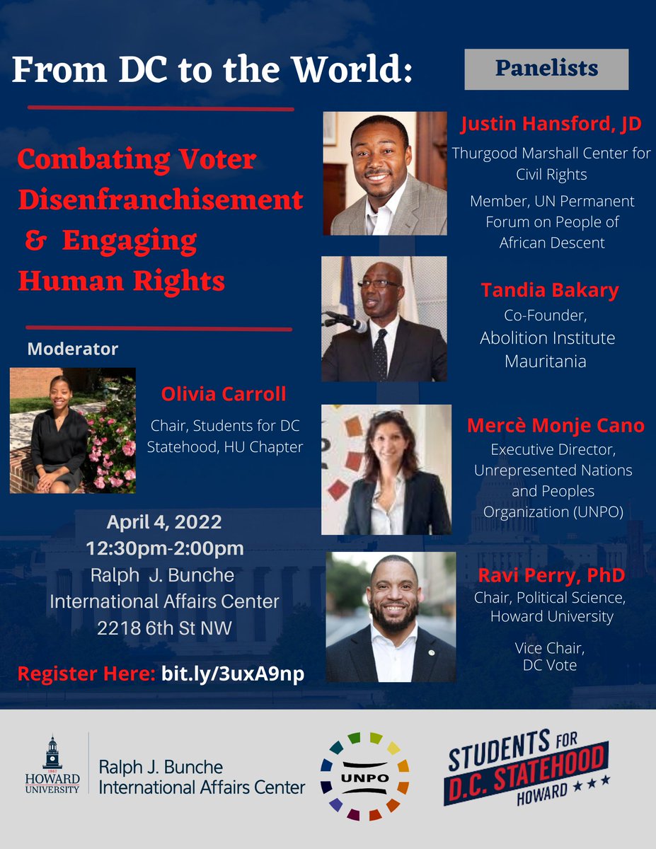 Join <a href="/UNPOintl/">Unrepresented Nations and Peoples Organization</a> <a href="/StudentsforDC/">Students for D.C. Statehood</a> <a href="/HUBuncheCenter/">HU Bunche Intl Ctr</a>  <a href="/HowardU/">Howard University</a> as we discuss recent successes with <a href="/iraMauritanie/">IRA Mauritanië-NL</a> and the #antislavery movement and similar efforts to combat #disenfranchisement in #USA, #DCStatehood