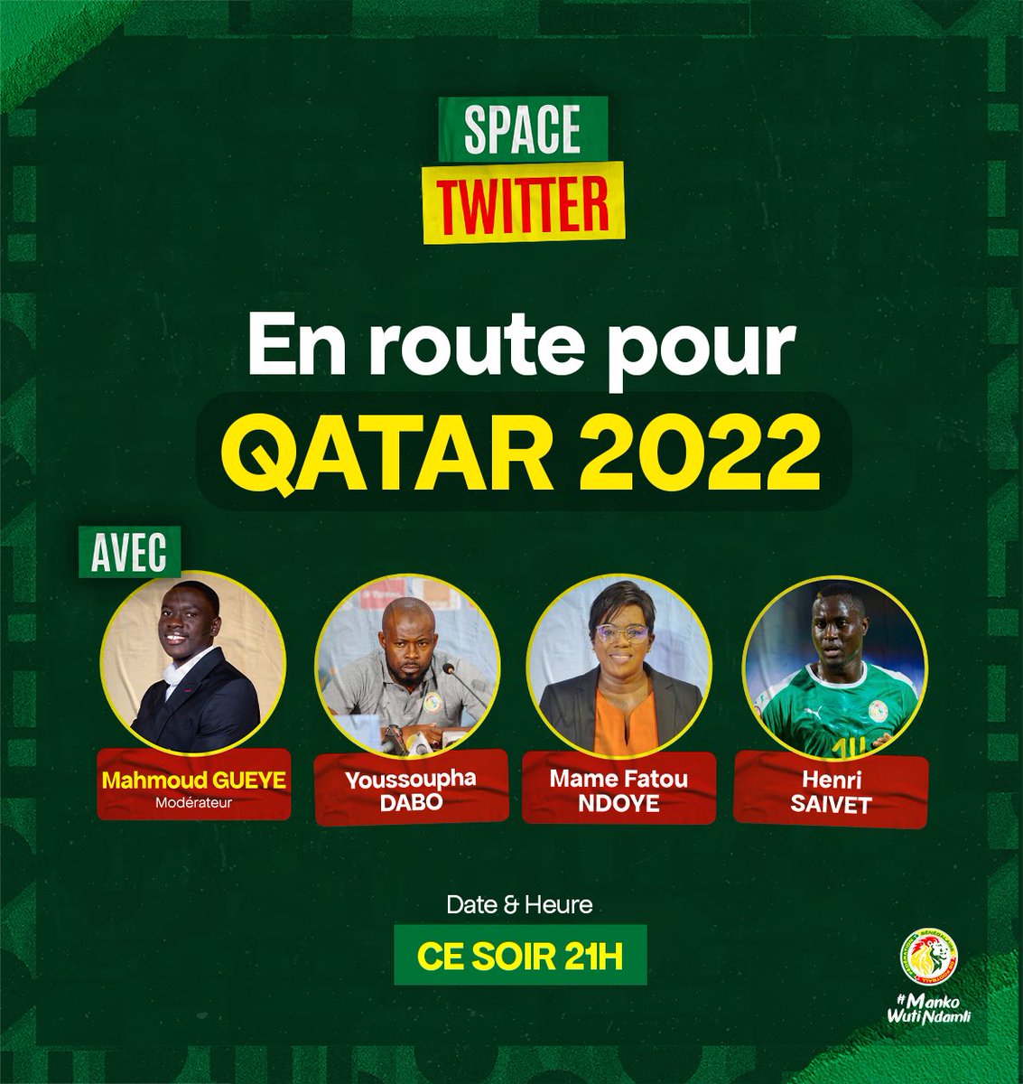 Rejoignez notre twitter space ce soir à 21h GMT pour parler de l’équipe nationale du Sénégal. Nous discuterons de la Coupe du monde Qatar 2022 et des futurs adversaires des lions avec <a href="/billmahmuud/">Papa Mahmoud Gueye</a>, <a href="/Youssou_Dabo/">Youssouph Dabo</a>, <a href="/mamendoye1/">Mame Fatou Ndoye🇸🇳🌍</a> et <a href="/Saivet_Henri/">HenriSaivet11</a>.