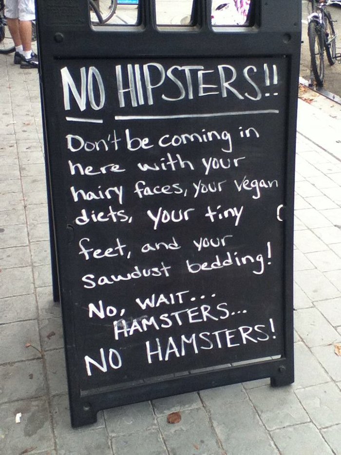 OfMixology's tweet photo. No hipsters allowed at The Whiskey Devils. 

Wait...did we say hipsters? We meant no hamsters. April Fools. 

(But seriously, don't bring pets here. Also seriously, beer is half off all day today.) https://t.co/KklDILFIhR