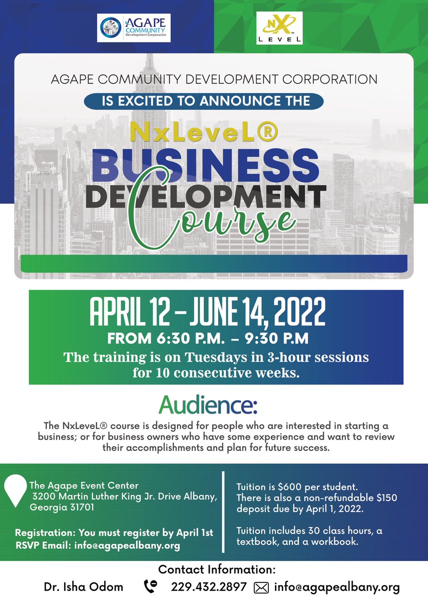 IshaOdom's tweet photo. A 10-week course for entrepreneurs in Albany, Georgia! #agapealbany #business #training https://t.co/FSBQENwExB