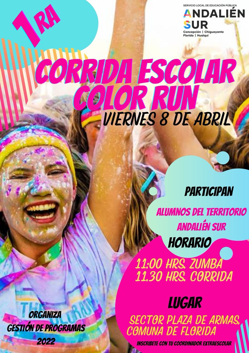 edu_andalien's tweet photo. 📢¡LOS INVITAMOS A CORRER Y A BAILAR! 🤸‍♀️🤸‍♂️⏰Nos juntaremos a las 11:00 horas en la Plaza de Armas para participar de una Zumbatón y a continuación se dará inicio a la "Corrida Escolar Color Run" en Conmemoración al día Nacional de la Educación Física y Deporte Escolar🏆🥇🥈🥉 https://t.co/Ws0fGLPdDR