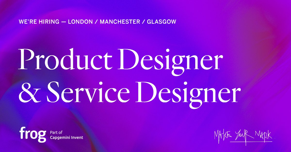 frogdesign's tweet photo. We’re hiring Design professionals in London, Manchester and Glasgow with a passion for making an impact in the Public Sector. Join us and #MakeYourMark!
Product Designer - https://t.co/hTENLETK8O
Service Designer - https://t.co/K9YMrRvZqF
#GovDesign #GovContent #SDinGov https://t.co/zO20QeO68B