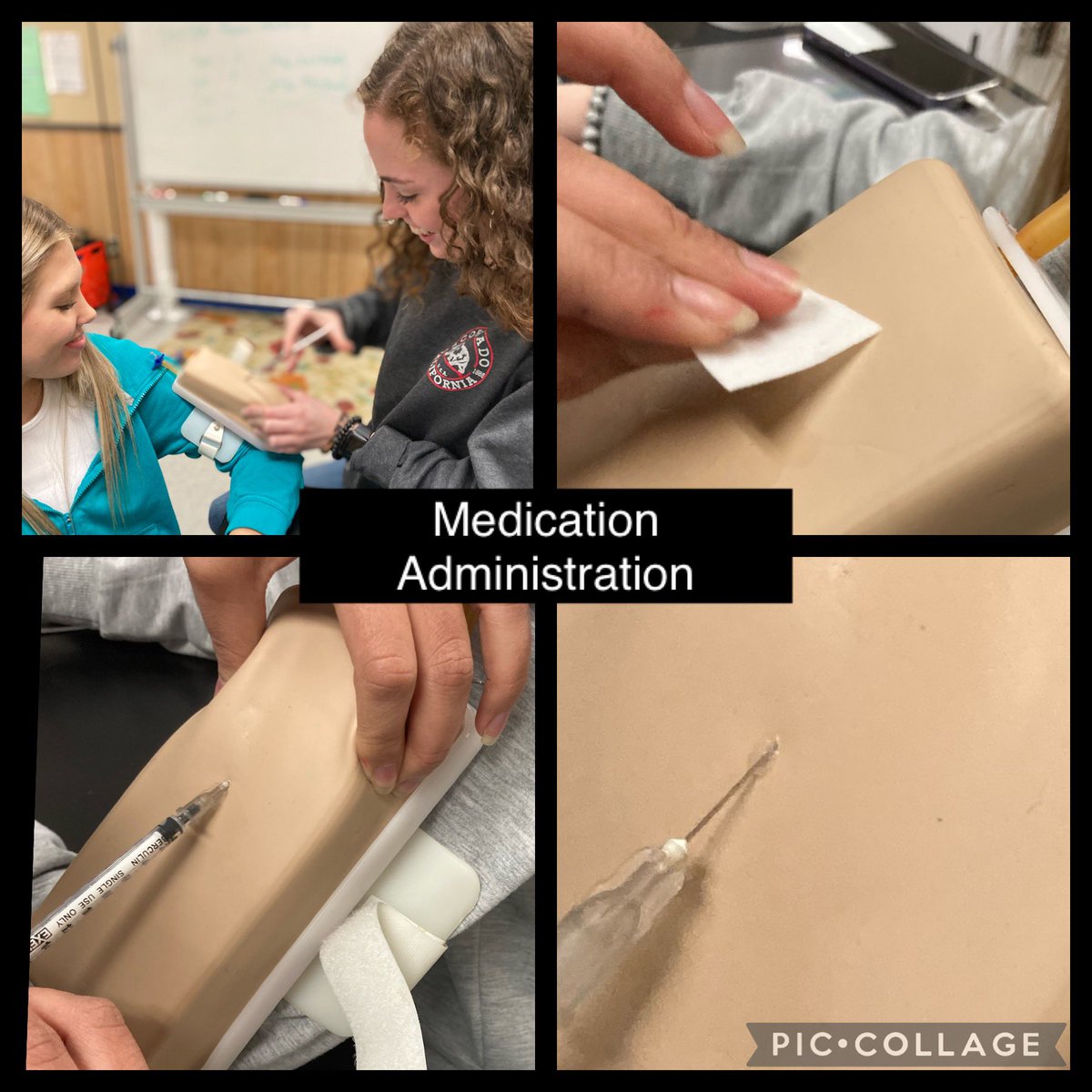 CCSRaiderHSE's tweet photo. Students in Mrs Nicholas’s Medical Therapeutics class are learning how to administer medications properly. #highskill #highdemand @ccscte @ccsraiderhse https://t.co/5AbbphAD8s