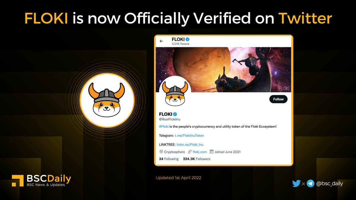🎉 <a href="/RealFlokiInu/">Floki</a> is now Official Verified on #Twitter 🚀

🔥 #Floki is the people's cryptocurrency and utility token of the Floki Ecosystem!Completes #memecoin trilogy with $DOGE and $SHIB.
More Details $FLOKI 👇

#BSC #BNB #MEMECOIN #Metaverse #FLOKIINU