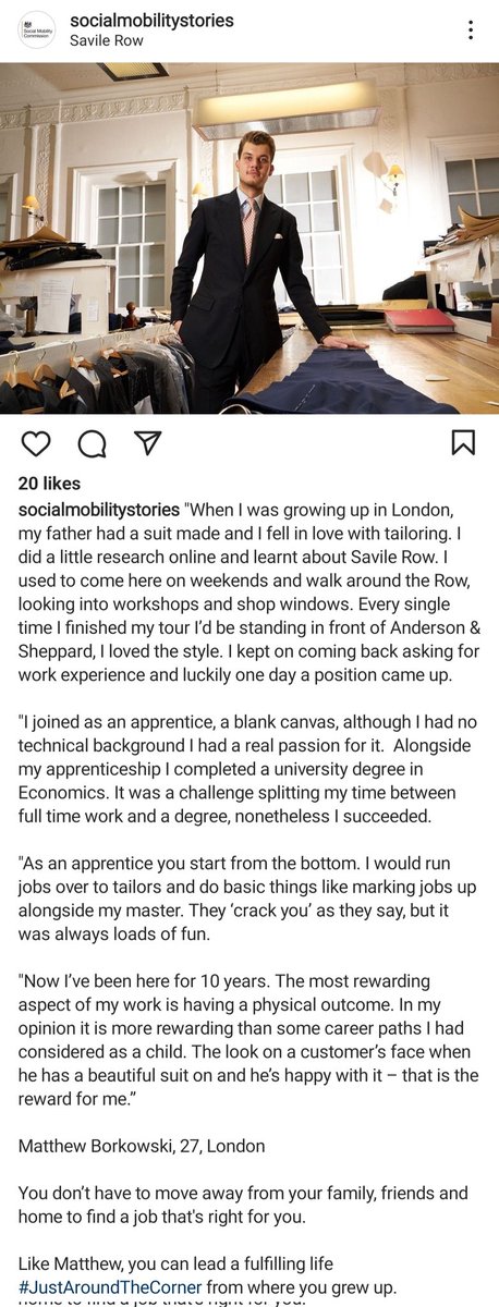 DrSamWhewall's tweet image. Example: You absolutely can, as they say, lead a fulfilling life 'round the corner from where you grew up', but you can only do work experience on Savile Row that leads to a job on Savile Row if you can afford to live near Savile Row. 🤔 #GeographyMatters #ClassMatters