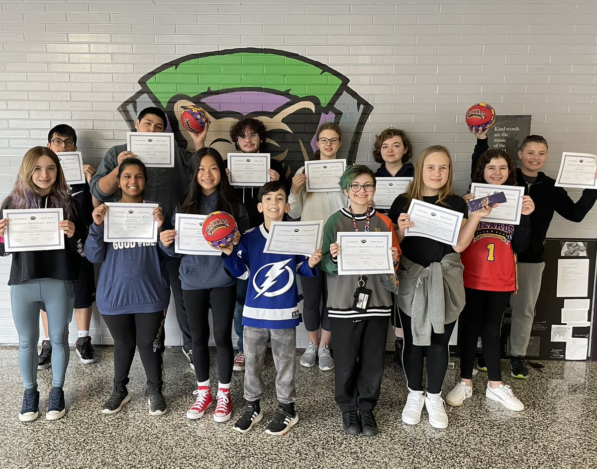 AngZiemba's tweet photo. CSMS celebrates Neurodiversity Week! #WeAreOne and honor our students who consistently demonstrate inclusive behavior. Thankful for these students leaders who earned themselves some awesome @HarlemWizards swag in preparation of the big game! #sandburstrong https://t.co/jZ4uCs8lBy