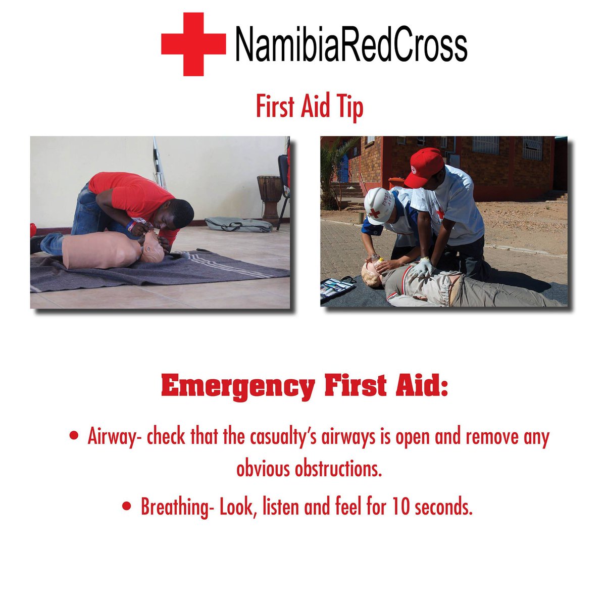 NamibiaRedCross's tweet photo. Emergency #FirstAidTip: Check that the casualty’s airways is open and remove any obvious obstructions. #FirstAidSavesLives https://t.co/591XgXBPbL