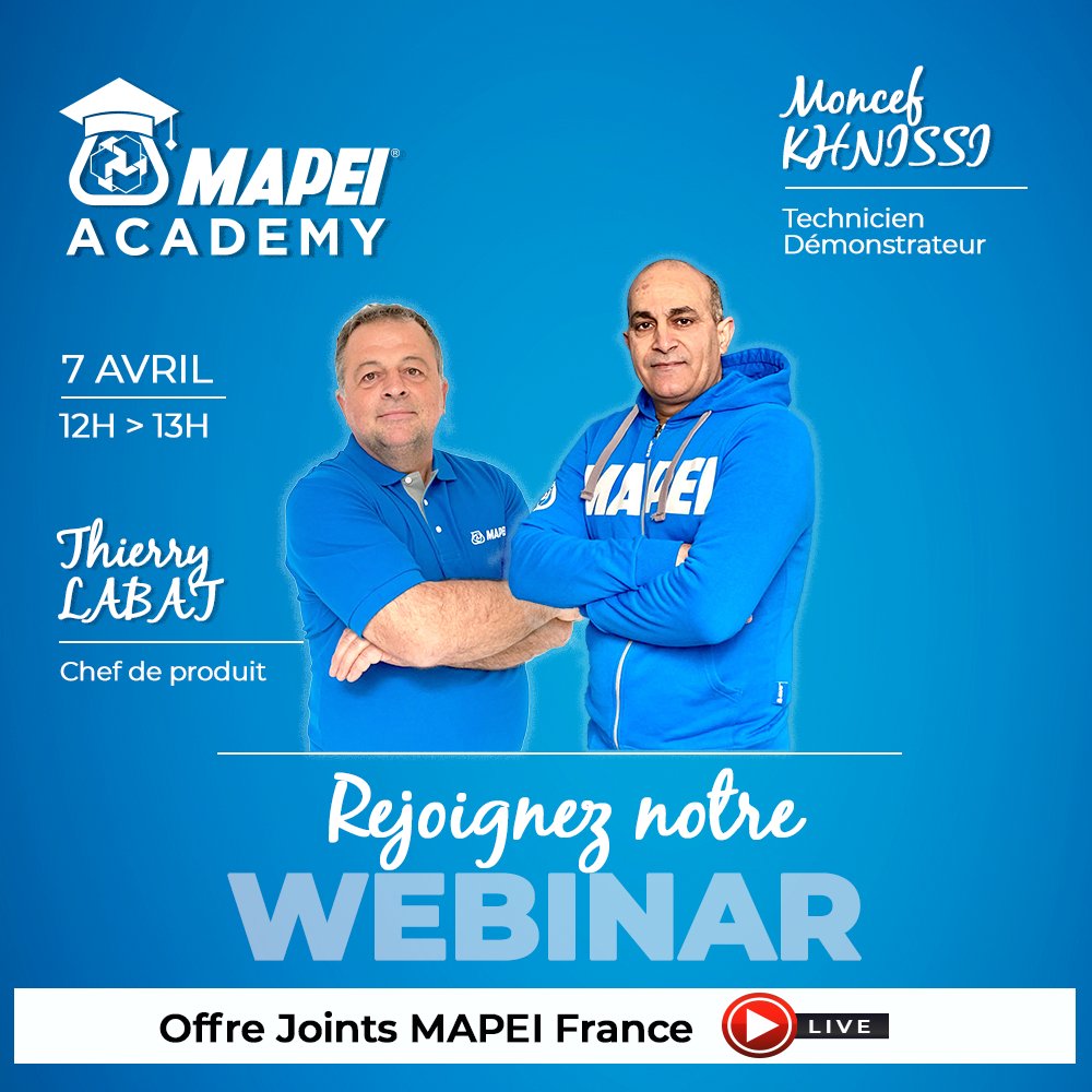 📢 𝗪𝗘𝗕𝗜𝗡𝗔𝗥 : Réservez votre 𝗝𝗲𝘂𝗱𝗶 𝟳 𝗮𝘃𝗿𝗶𝗹 𝟮𝟬𝟮𝟮 𝗱𝗲 𝟭𝟮𝗵 𝗮̀ 𝟭𝟯𝗵 pour un webinar spécial "Joints ciment et époxy" avec des applications 𝗲𝗻 𝗟𝗜𝗩𝗘 !👉🏻 Pour s’inscrire, c’est par ici : lnkd.in/gViEa7gF
#mapeiacademy #webinar #training #joints