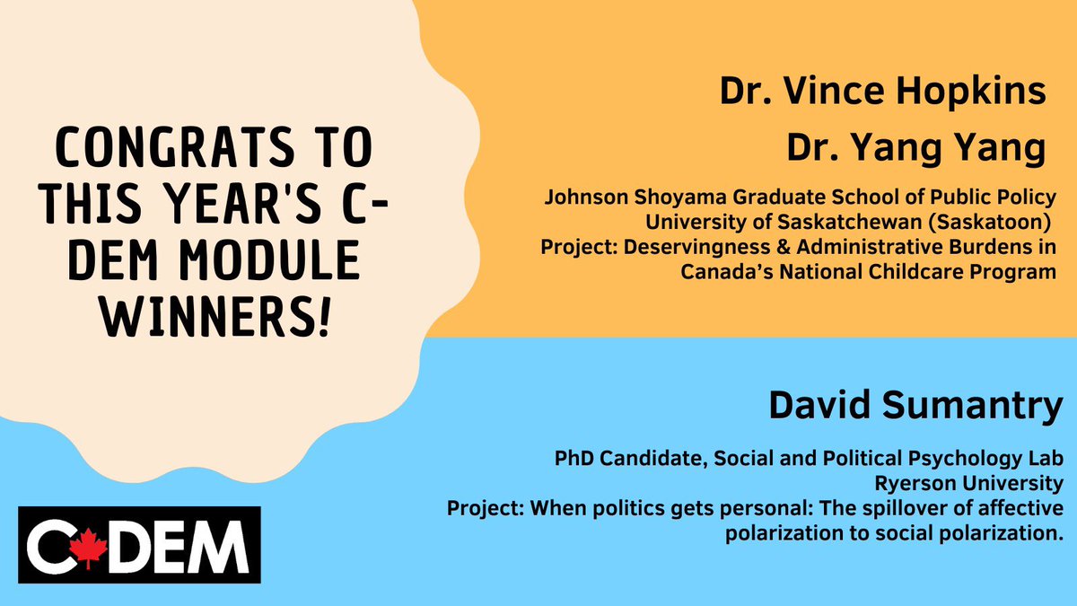 We are thrilled to announce the 2022 C-Dem module competition winners! 🎉 🎉 🎉 Congrats Vince Hopkins (@VinceInSK) and Yang Yang (<a href="/YYecon/">Yang Yang</a>) <a href="/usask/">U of Saskatchewan</a> and David Sumatra (<a href="/jmappelledavid/">David Sumantry</a>), <a href="/RyersonU/">Ryerson University</a>