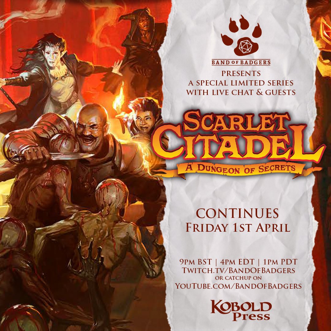 RPGBadgers's tweet image. Join the Band live TODAY as we continue our exploration into the SCARLET CITADEL by @KoboldPress with our stella cast of @rollerraja @theMCGuiRE &amp;amp; @CmArdent
 
twitch.tv/bandofbadgers
9pm BST | 4pm EDT | 1pm PDT

#rpg #ttrpg #ttrpgrising #dnd5e #dungeonsanddragons @monkeyking