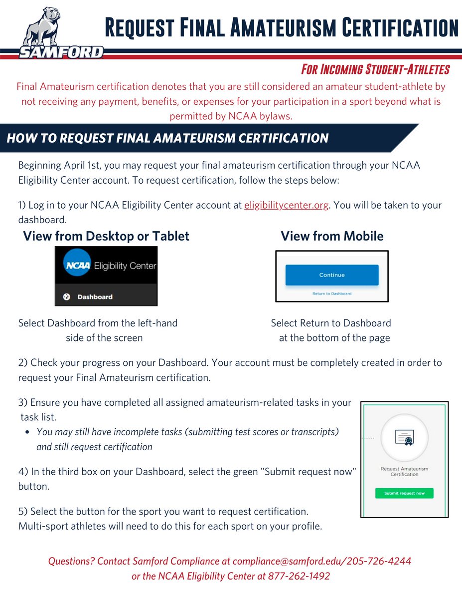 Samford Compliance (@samford_rules) on Twitter photo Incoming Fall 2022 Bulldogs: You can now request your Final Amateurism Certification via your <a href="/ncaaec/">NCAA Eligibility Center</a> profile. Take care of this ASAP! Incoming Fall 2022 Bulldogs: You can now request your Final Amateurism Certification via your <a href="/ncaaec/">NCAA Eligibility Center</a> profile. Take care of this ASAP!