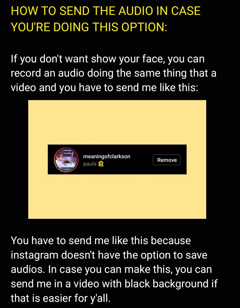 Here are the instructions for Kelly's birthday project 🤗🌻 DM me or <a href="/sameoldgxmez/">mili</a> here or on Instagram with your name and country if you are in, adding if you're doing video or audio.
DEADLINE: APRIL 22ND. I promise we will try to do our best for her to see it 💚🤞🏽