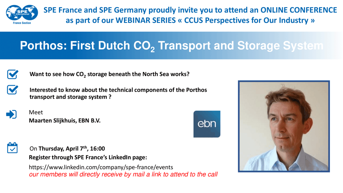 SPEgermany's tweet photo. >>> JOINT EVENT OF SPE FRANCE AND SPE GERMANY <<<

When? Thursday, April 7th at 4 pm
What? Porthos: First Dutch CO2 Transport and Storage System
Who? Maarten Slijkhuis (EBN B.V.).

Registration: https://t.co/hNy3llhLBC

#spe #gsspe #spefrance #jointevent #subsurface #ccus https://t.co/yj97w6hctu
