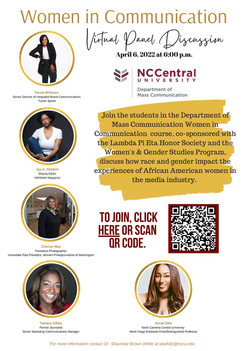 TGibbs_'s tweet photo. 🔈I am super excited to take part in this meaningful discussion about the intersectionality of #media, #race and #gender sponsored by @NCCU Dept. of Mass #Communication.
👉🏾Scan the QR Code in the image below and save the date!🙌🏾 We’ll see you there!📣 https://t.co/MRFBLtlsAk