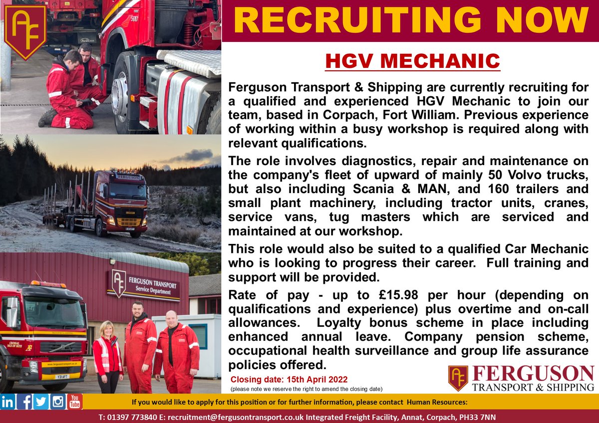 𝗝𝗼𝗶𝗻 𝗼𝘂𝗿 𝗧𝗲𝗮𝗺  

We are currently recruiting for a qualified and experienced HGV Mechanic.

For info or to apply contact HR on 01397 773840 or email recruitment@fergusontransport.co.uk 

#fts #hiring #vacancies #recruitment #HGVmechanic #workshop #maintenance