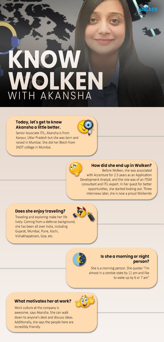 wolkensoftware's tweet photo. She enjoys travelling, and believes that life should be lived to the fullest. Get to know our Senior ITIL Consultant, Akansha, as she shares her thoughts about working with Wolken.
#wolken #wolken_software #wolkenedge #employeeengagement #SaaS #customerservice https://t.co/Us02rKr5Zk
