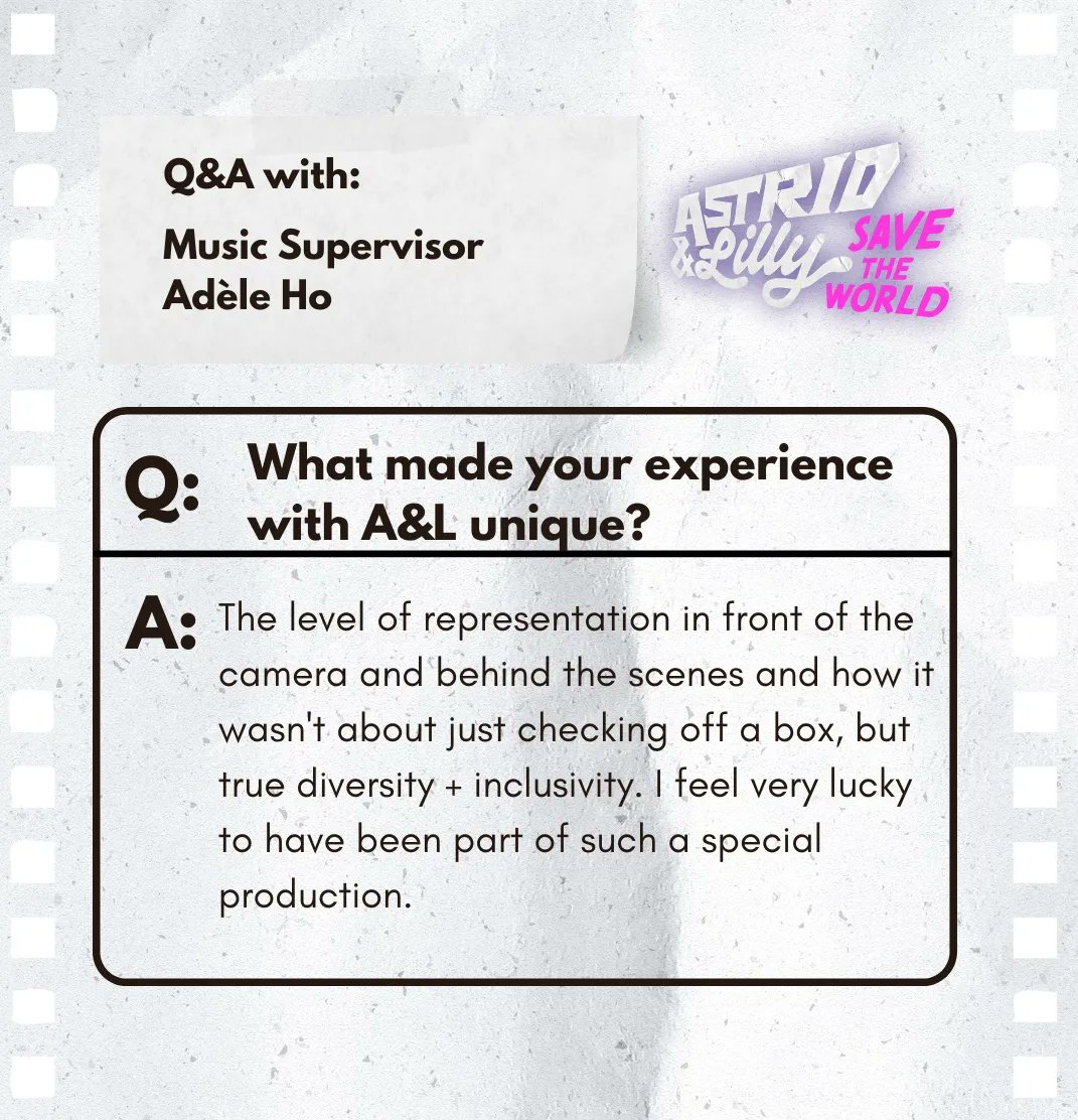 AstridLillyShow's tweet photo. Last week we shared some Q&amp;As with our composer who wrote the original music for the show, this week we chatted with our incredible music supervisor Adèle Ho, who handled all the other music you hear on the show. 

#AstridAndLilly https://t.co/6kTeGb6Kj7