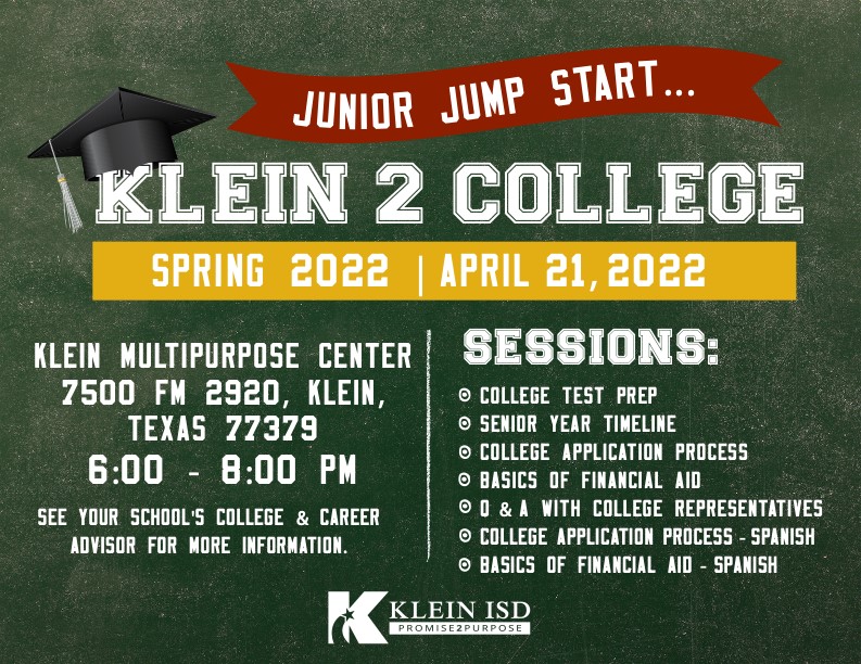 Attention Juniors: Please join us on April 21st at the KMPC from 6-8pm to get information on all things college! <a href="/KleinCain/">Klein Cain HS</a> <a href="/Klein_Cain_PTO/">Klein Cain PTO</a> <a href="/KISD_Counselors/">Klein ISD Counselors</a> <a href="/cain_ccc/">CainCollege&CareerCenter</a>