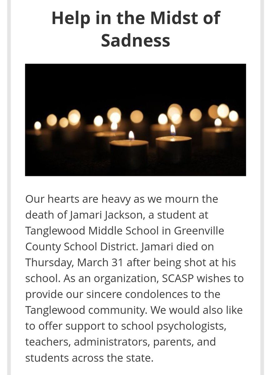 scschoolpsycs's tweet image. SCASP wishes to provide our sincere condolences to the Tanglewood Middle School community. We are here to help. We have posted helpful resources &amp;amp; information at scaspweb.org