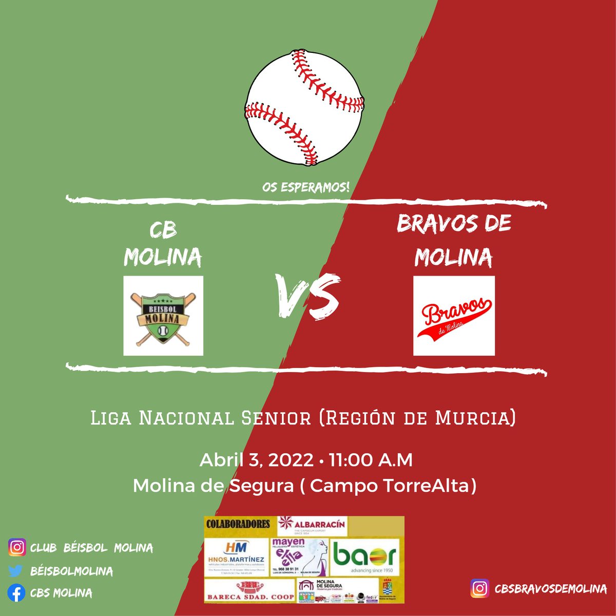 Este domingo 3 de abril disputaremos nuestro primer partido de la Liga Regional (Sénior) vs <a href="/BeisbolMolina/">Club de Béisbol y Sofbol Molina</a>  en el campo de la TorreAlta. 
Os esperamos! ❤🤍