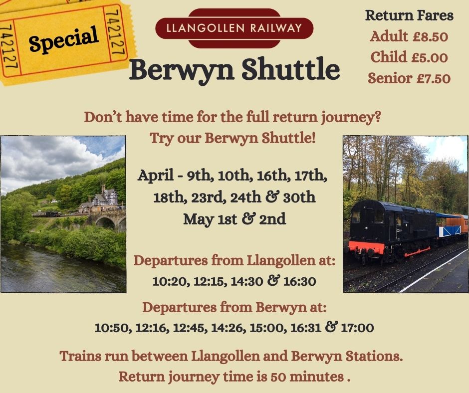 Don't have time for a full return journey? We are running additional specials throughout April and early May. Tickets can be purchased at Llangollen Station on the day. #berwynshuttle #heritagerailway #llangollen #visitwales #dayoutwiththekids