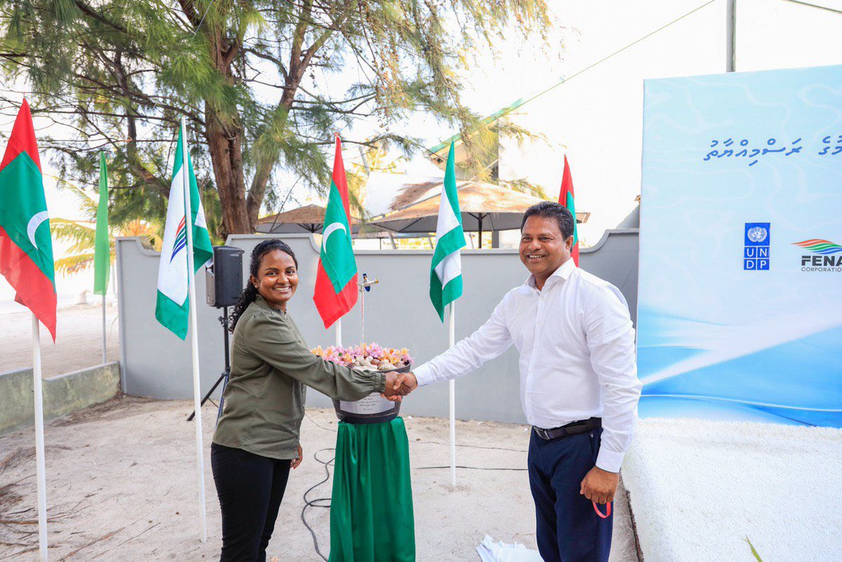 MoEnvmv's tweet photo. Minister @anuahsa inaugurated Integrated Water Resources Management systems funded by @theGCF in R. Maduvvari and B Dharavandhoo today.These systems would provide water security for vulnerable island communities in the face of climate impacts.
@UNDP, #Fenaka https://t.co/59fDRe9owA