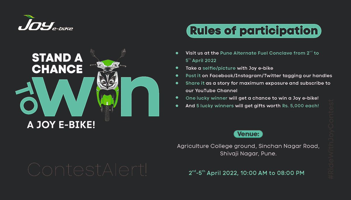 joy_ebike's tweet photo. The Joy of victory can be yours!
Participate in #RideWithJoyContest and stand a chance to win a Joy e-bike!
One lucky winner will get a chance to win a Joy e-bike, and 5 lucky winners will get gifts worth Rs. 5,000 each!
#JoyEbike #contestpune #contestalert #contestalertpune https://t.co/7lTaaFWXrl