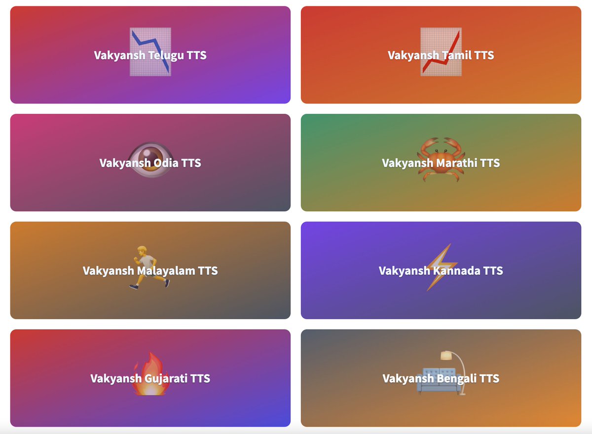 HarveenChadha's tweet photo. Try out Text to Speech in 8 Indic Languages.

Finally was able to create demos for 8 Vakyansh TTS models in Telugu, Tamil, Odia, Marathi, Malayalam, Kannada, Gujarati and Bengali on @huggingface spaces. https://t.co/hR1twjcKlY