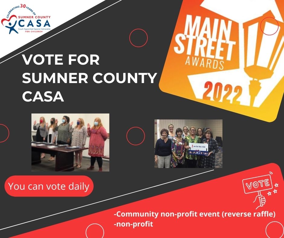 sumnercasa's tweet photo. IT'S THAT TIME OF YEAR!! Please vote and share to Vote for Sumner County CASA(favorite non-profit and event) in the 2022 Main Street Awards.
https://t.co/25Qw3KrVbB https://t.co/WEC2T4mW47