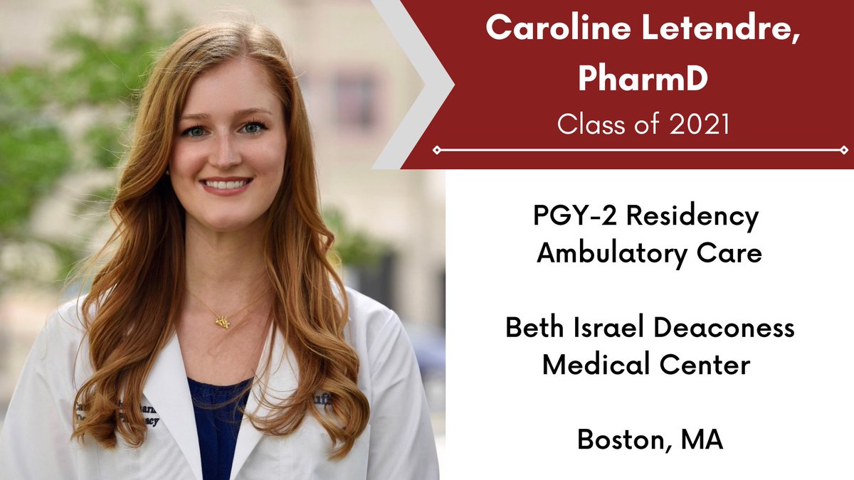 Congratulations to Caroline Letendre, PharmD, Class of 2021, who matched with Beth Israel Deaconess Medical Center for a PGY-2 #ambulatorycare #pharmacy #residency! #TwitteRx