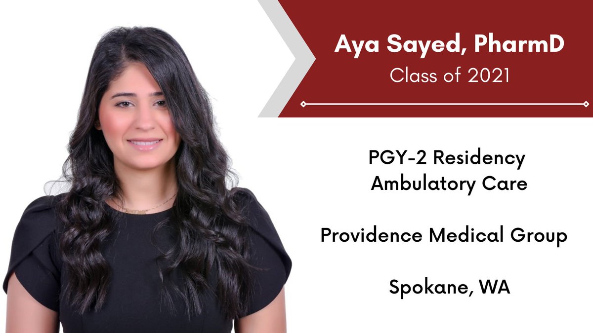 Congratulations to Aya Sayed, PharmD (<a href="/AyaSPharmD/">Aya Sayed</a>), Class of 2021, who matched with Providence Medical Group for a PGY-2 #ambulatorycare #pharmacy #residency! #TwitteRx