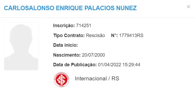 Rescisão de Carlos Palacios com o Internacional foi publicada hoje no BID da CBF