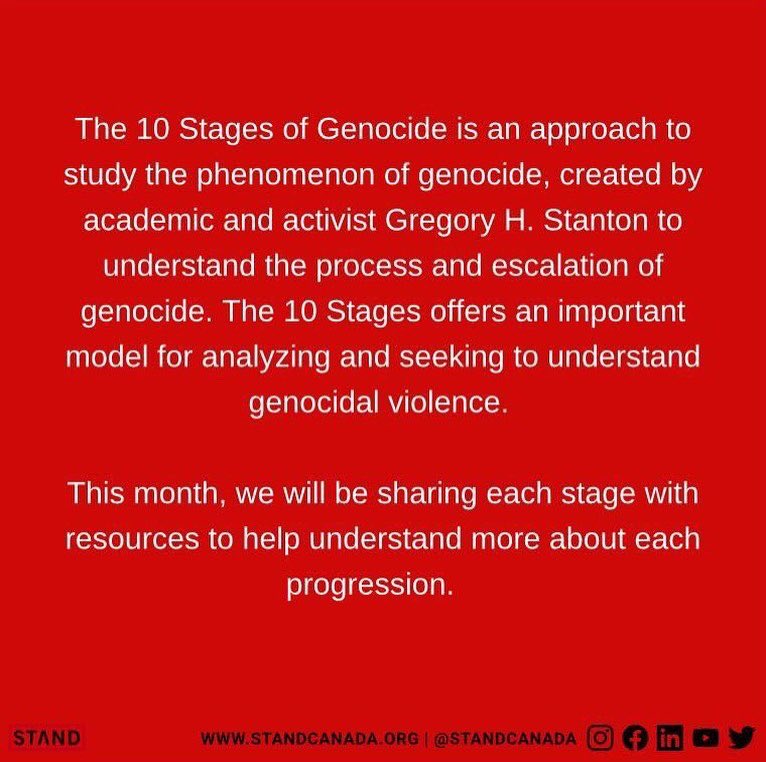 STANDCanada's tweet photo. One of the staples of STAND Canada’s advocacy and awareness work is marking Genocide Awareness Month.  

This year, follow along with our #GenocideAwarenessMonth campaign that will share with you the 10 Stages of Genocide

#Genocide #activism #aworldwithoutgenocide https://t.co/2S1jhFBG9W