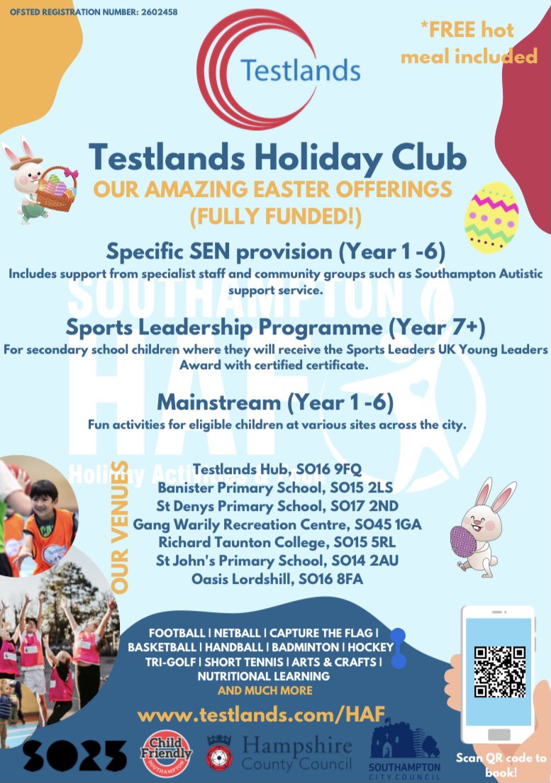 Testlands have various childcare options this Easter with fully funded spaces including a free hot meal with support from <a href="/HAFSouthampton/">Southampton Holiday Activities & Food Programme</a>.

For more information and to book please visit testlands.com/haf