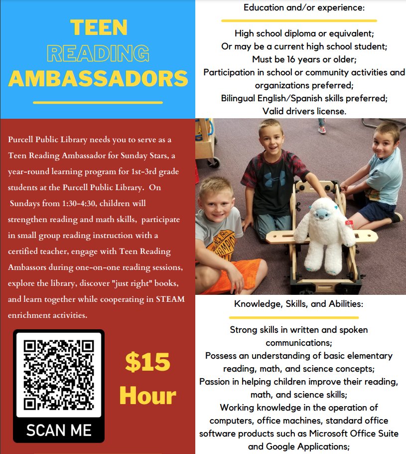 PurcellDragons's tweet photo. Purcell PS and Purcell Public Library have teamed up for a program to assist our youngest children (1st-3rd grade) with reading.  We need Teen Reading Ambassadors who will be  paid $15 hr to work on Sundays from 1:30-4:30.  If you are interested, see attached flyer. https://t.co/HJAaZy8M01