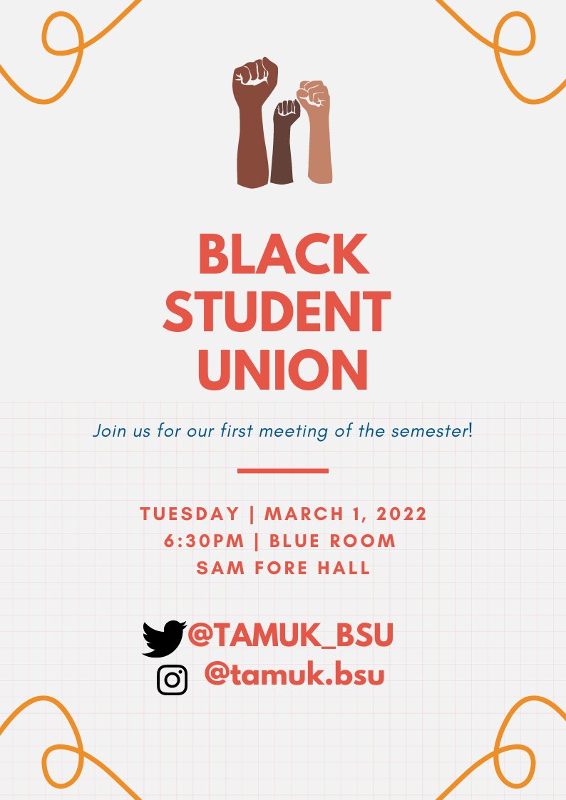 TAMUK_BSU's tweet photo. Join us for our first meeting of the month. We would like to get know all of the members and share our goals for BSU!

📅 Tuesday, April 5, 2022
🕛 6:30 PM
📍 Sam Fore Hall - Blue Room https://t.co/6uaFmLtPK3
