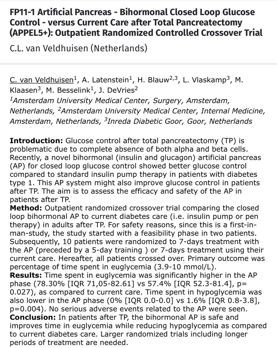 MarcBesselink's tweet photo. #APPEL5 pilot crossover RCT #IHPBA22: artificial bihormonal pancreas with glucagon &amp; insulin in 10 pts after #Total #Pancreatectomy @DPCG_official: Time spent in euglycemia increased from 57.4% to 78.3% with the artificial pancreas. Larger #PANORAMA trial coming up. https://t.co/Q9FVtOO2iP